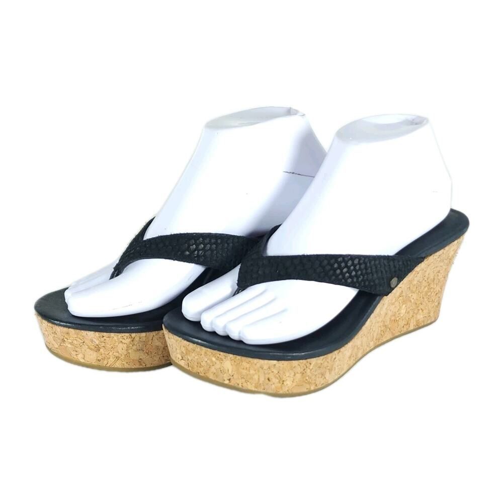 UGG Women's Natassia US8 Black Leather SlipOn Cork Wedge Platform Thong Sandals